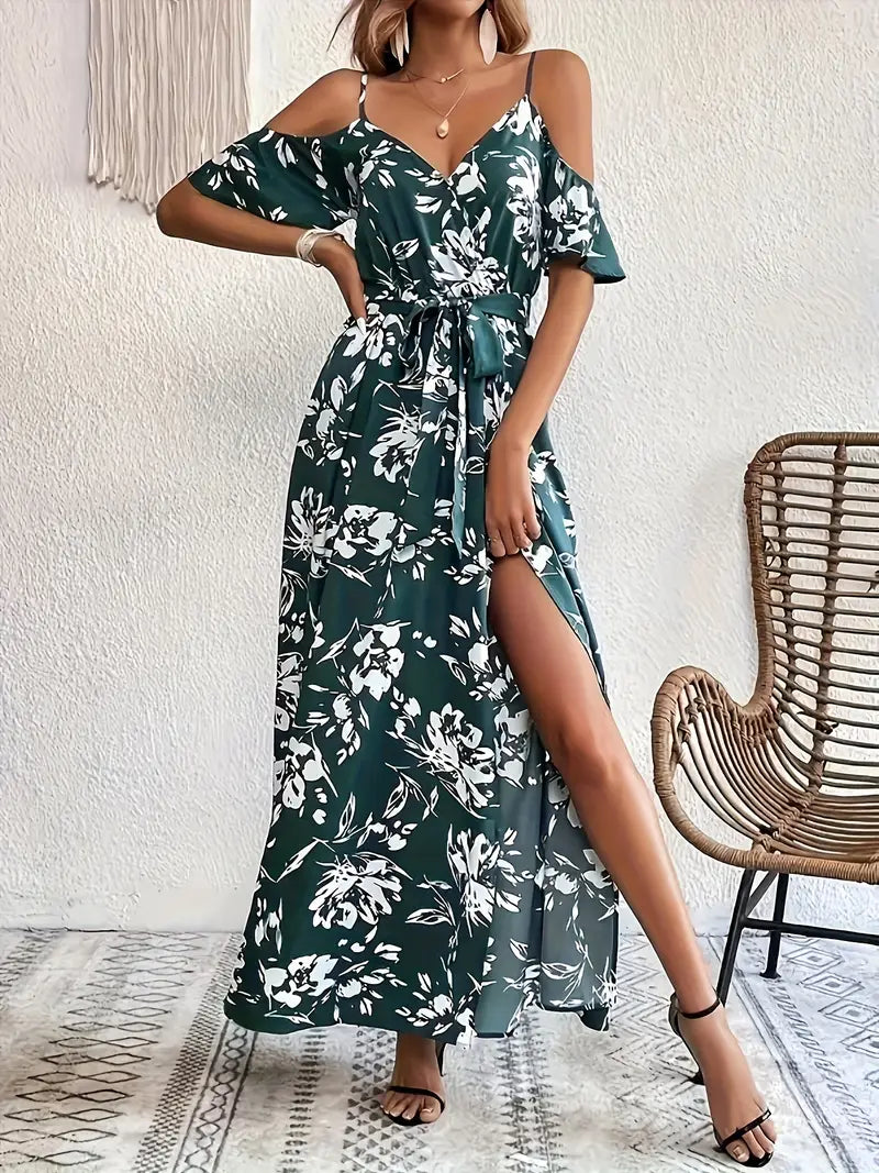 Kwiatowa sukienka maxi na ramiączkach - Elegancka letnia sukienka z paskami