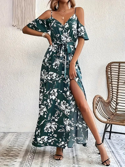 Kwiatowa sukienka maxi na ramiączkach - Elegancka letnia sukienka z paskami