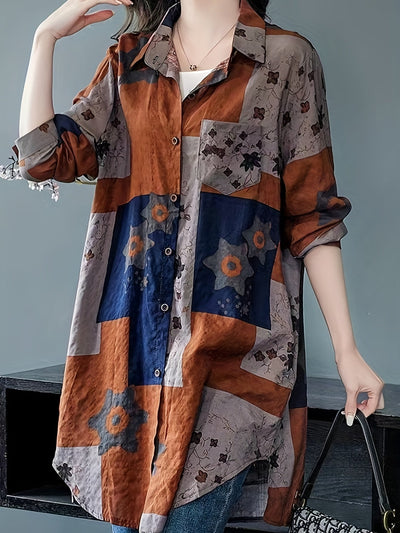 Lniana bluzka oversize, geometryczny nadruk, długie rękawy, mieszanka jedwabiu