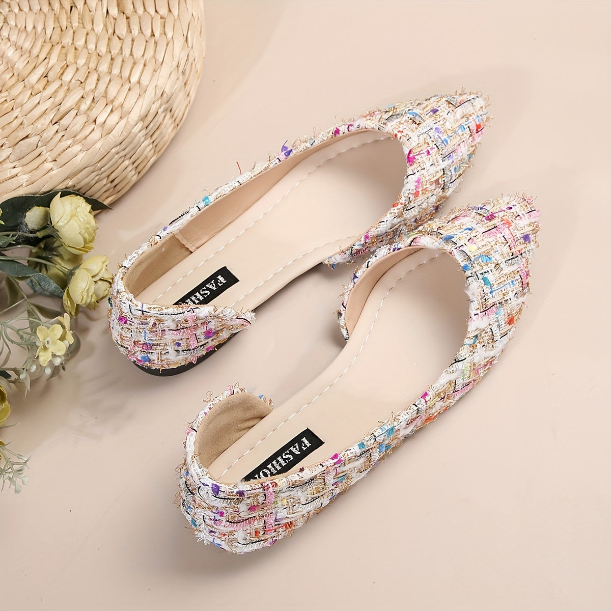 Elegancki czubek palca płaski, wycięty boku Tweed-Slip-On Buty