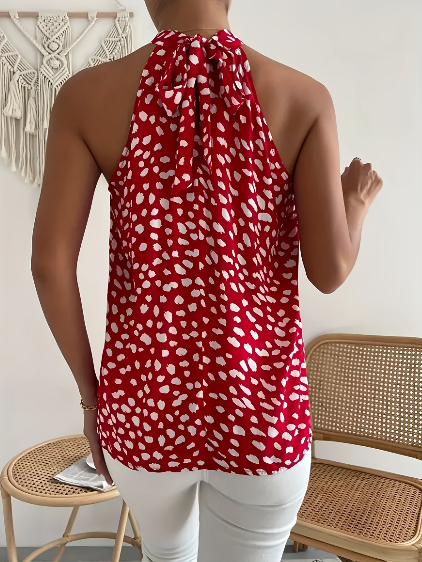 Top damski Halterneck Polka Dot - lekka mieszanka lnu, oddychająca, całoroczna, 100% poliester