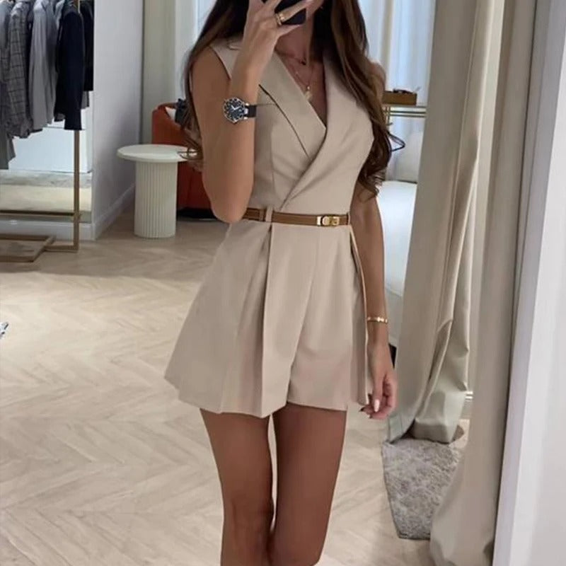 Angeline - Damskie spodenki bez rękawów Playsuit Letnie plisowane mini proste pajacyki