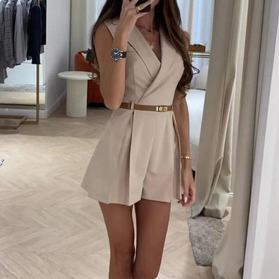 Angeline - Damskie spodenki bez rękawów Playsuit Letnie plisowane mini proste pajacyki