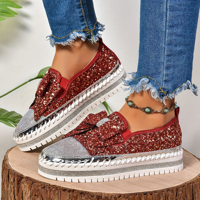 Damskie wsuwane loafersy - Błyszczące buty na platformie z kokardą