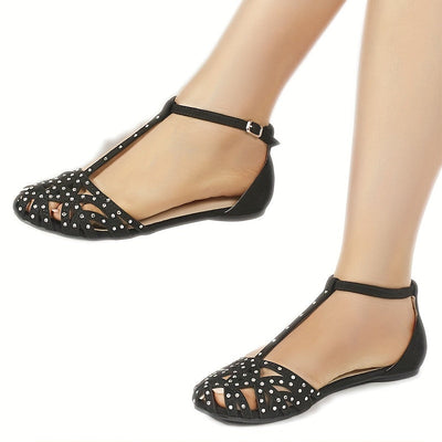 Płaskie sandały z kryształami dla kobiet, zamknięty palec, t-strap