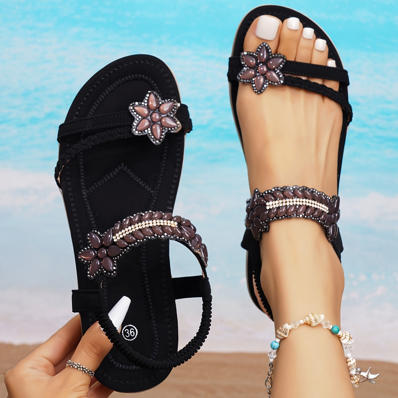 Boho Chic Women Sandals z błyszczącymi dżerstonami