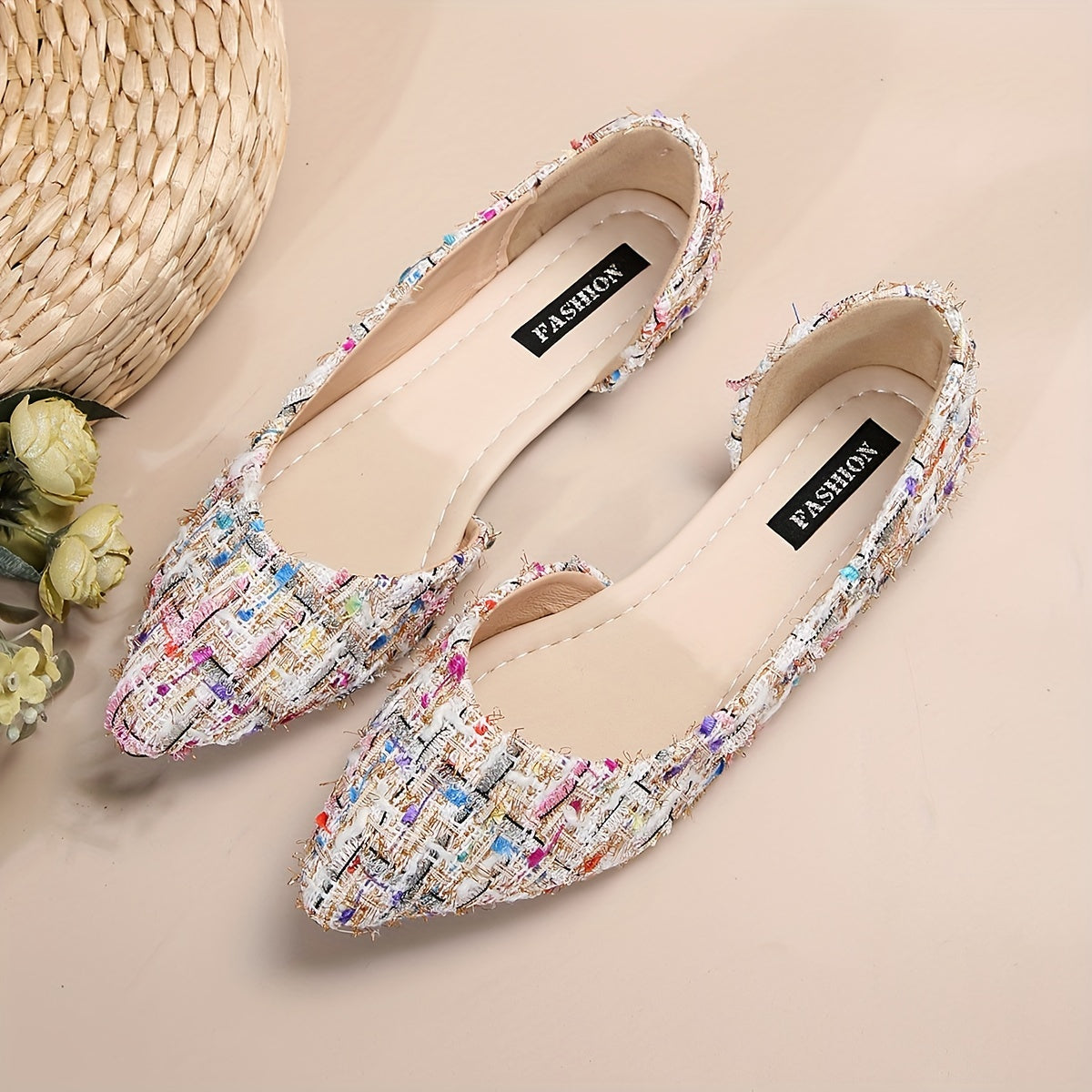Elegancki czubek palca płaski, wycięty boku Tweed-Slip-On Buty