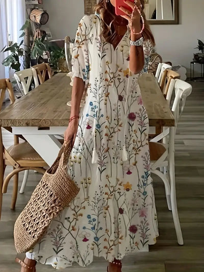 Charm - Ikat Dream Boho Sukienka z falbaną i dekoltem w szpic, w eleganckim stylu