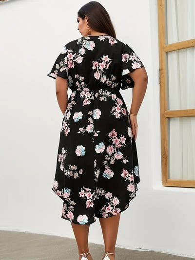 Grote Maten Elegante Maxi Jurk  Zwarte Bloemenprint, Vlindermouwen V-Hals