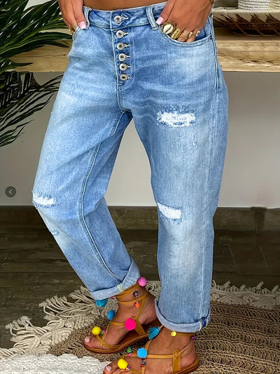 Dżinsy damskie typu boyfriend w stylu retro - styl Bootcut, dżins z wysokim stanem