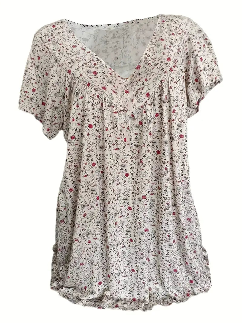 Floral Charm Plus Size V-Neck T-shirt z krótkim rękawem Boho T-shirt