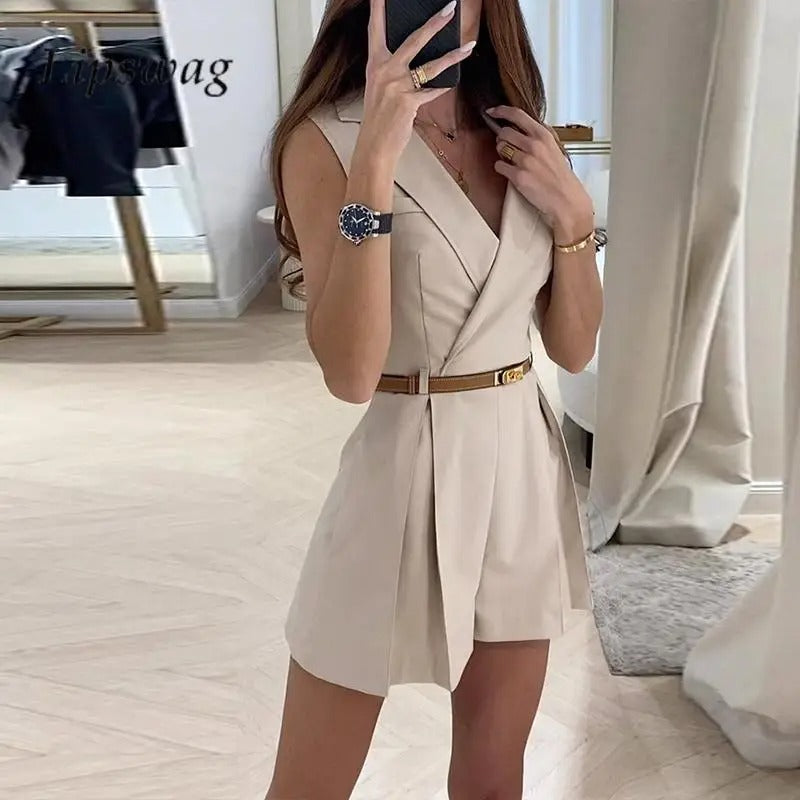 Angeline - Damskie spodenki bez rękawów Playsuit Letnie plisowane mini proste pajacyki