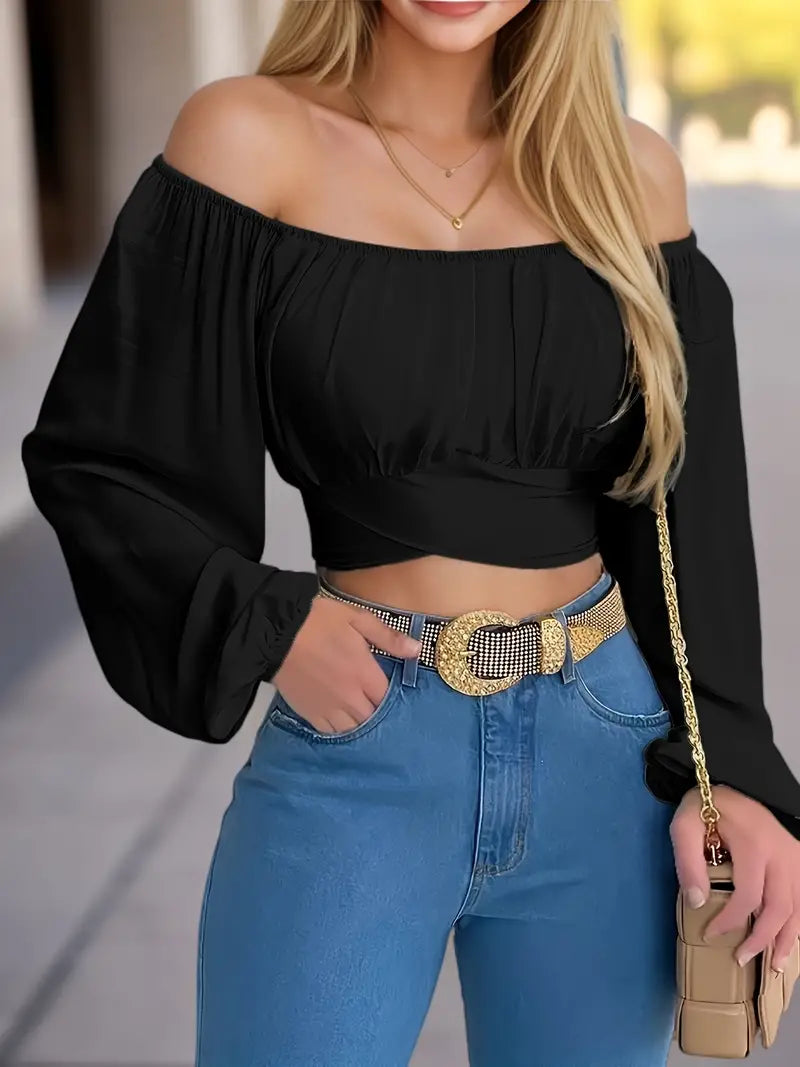 Binge - Solidna bluzka z długim rękawem wiązana na plecach Casual Off Shoulder