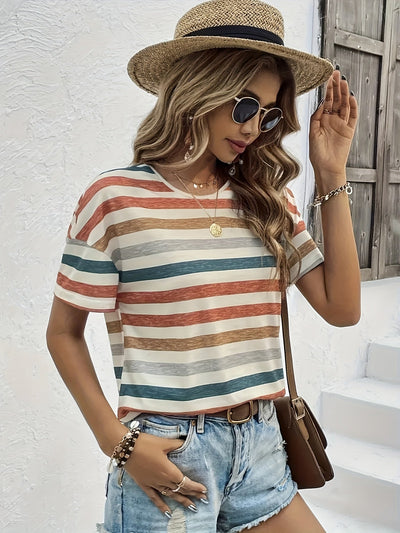T-shirt damski w paski, okrągły dekolt, krótki rękaw, letni