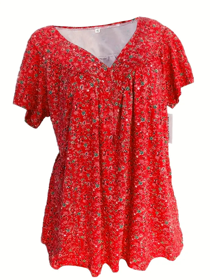 Floral Charm Plus Size V-Neck T-shirt z krótkim rękawem Boho T-shirt