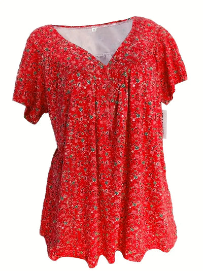 Floral Charm Plus Size V-Neck T-shirt z krótkim rękawem Boho T-shirt