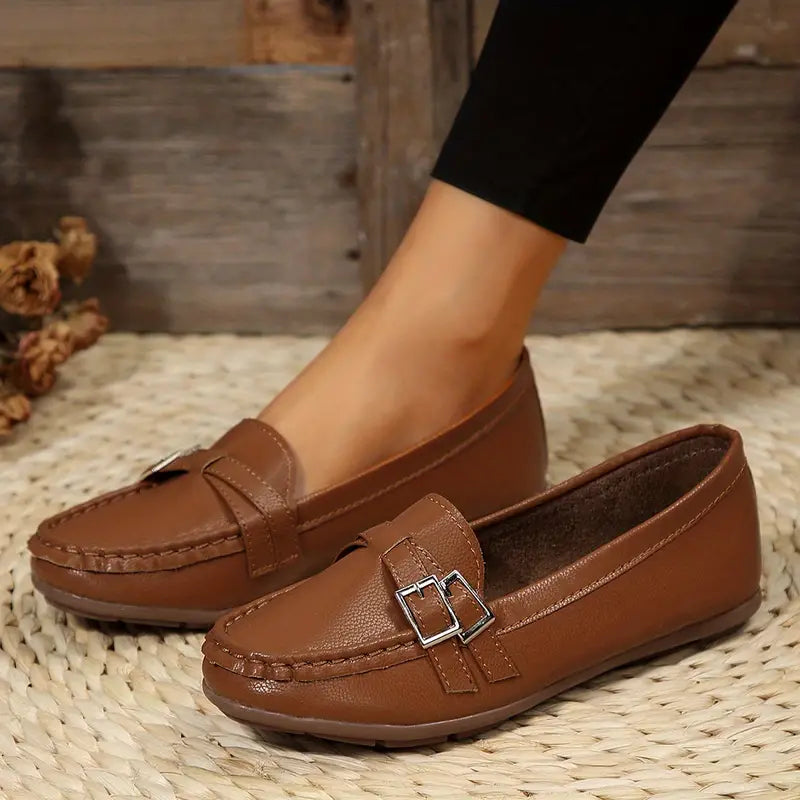 Płaskie buty codzienne z paskiem i klamrą, skórzane buty