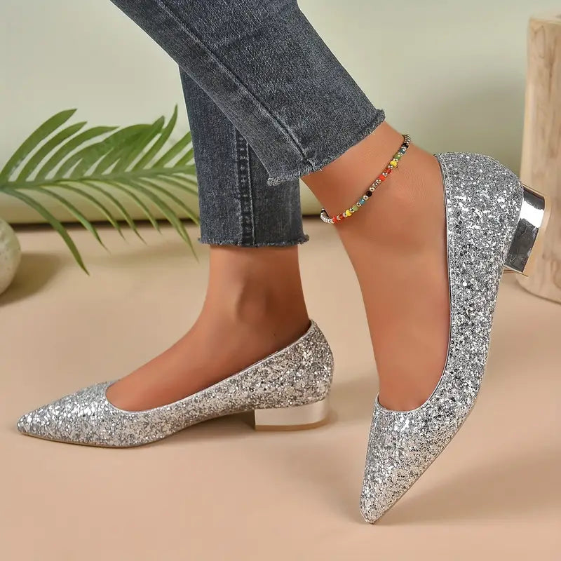 Chara - Błyszczące buty glamour z grubym obcasem i niskim obcasem