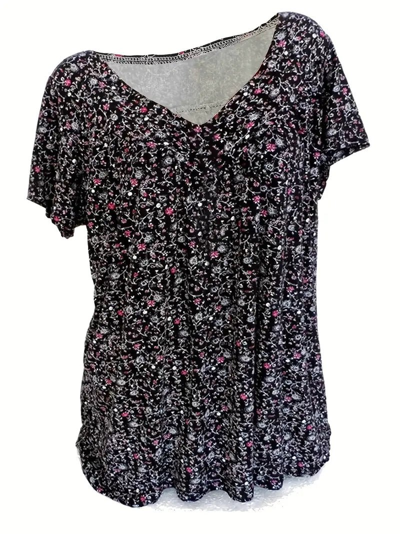 Floral Charm Plus Size V-Neck T-shirt z krótkim rękawem Boho T-shirt