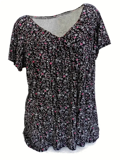 Floral Charm Plus Size V-Neck T-shirt z krótkim rękawem Boho T-shirt