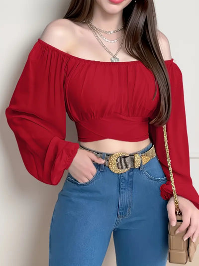 Binge - Solidna bluzka z długim rękawem wiązana na plecach Casual Off Shoulder
