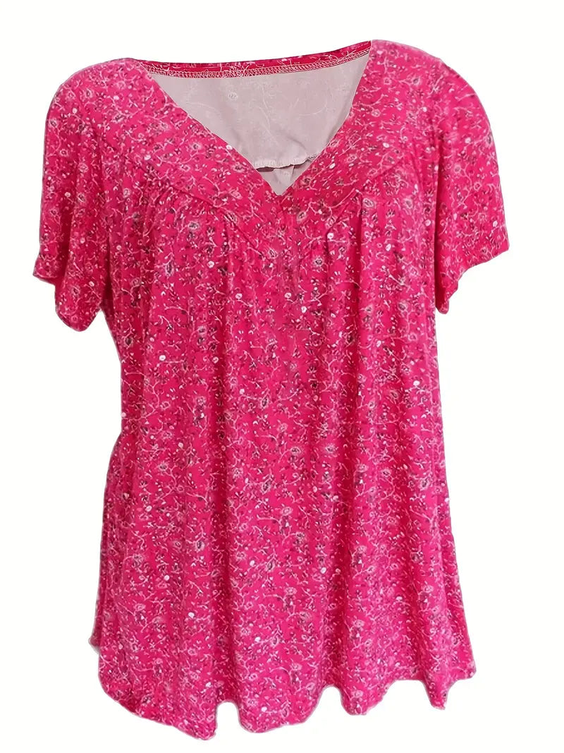 Floral Charm Plus Size V-Neck T-shirt z krótkim rękawem Boho T-shirt