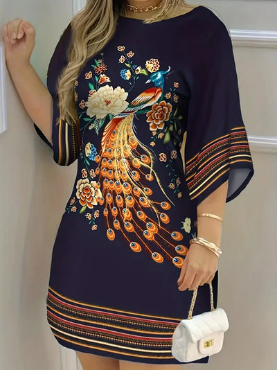 Boho sukienka w pawie kwiaty Casualowa sukienka z półdługimi rękawami na wiosnę i lato