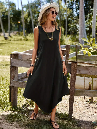 Elegancka asymetryczna sukienka letnia Maxi bez rękawów o linii A