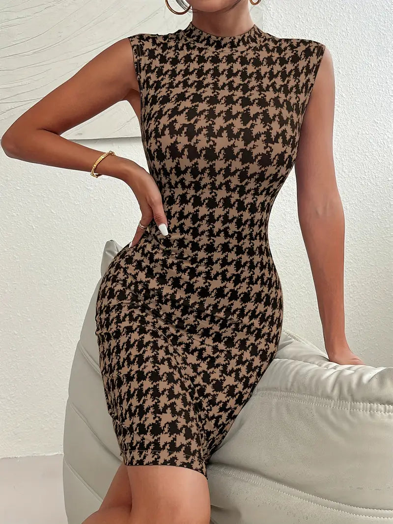 Bodycon z wzorem w pepitkę Sukienka bez rękawów Elegancka sukienka letnia z wysokim dekoltem