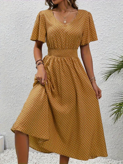 Sukienka midi Polkadot z dekoltem w szpic i marszczonymi rękawami Summer Look