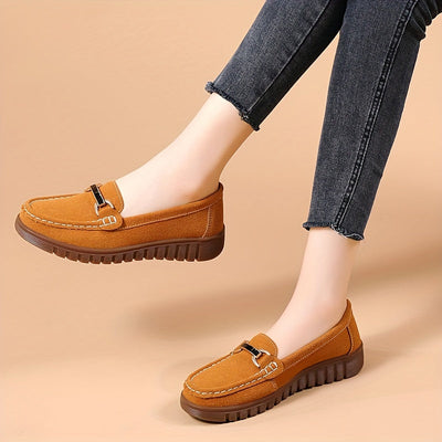 Damskie loafersy z metalową klamrą, casualowe wsuwane buty w jednolitych kolorach