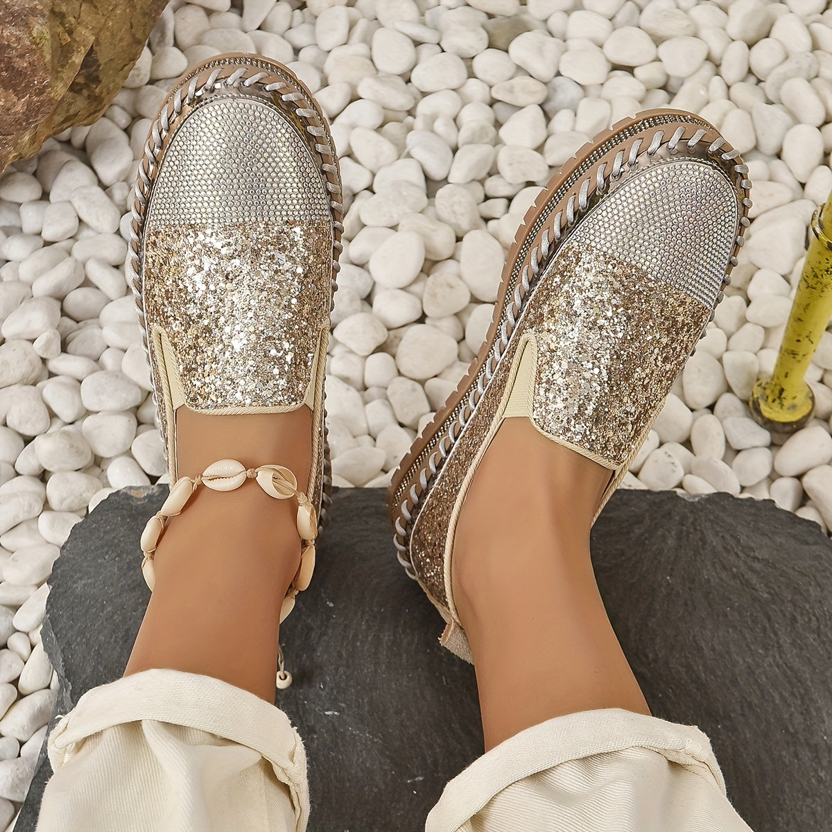 Kryształowe loafersy damskie, obcas 3 cm, wygodne buty na platformie