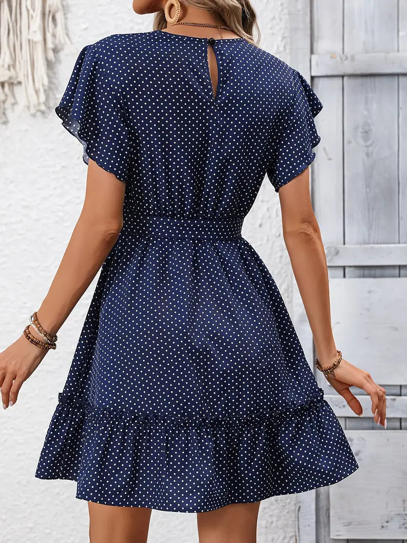 Granatowa sukienka midi Polkadot Elegancka letnia sukienka z kokardą w pasie