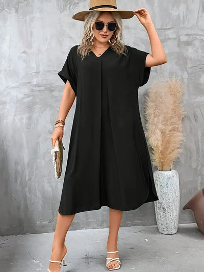 Elegancka sukienka Flow z dekoltem w serek Czarna Maxi z krótkim rękawem i rozcięciem z boku