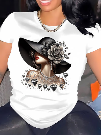 Lniany t-shirt damski - koszula z okrągłym dekoltem i nadrukiem portretu dziewczynki, krótki rękaw