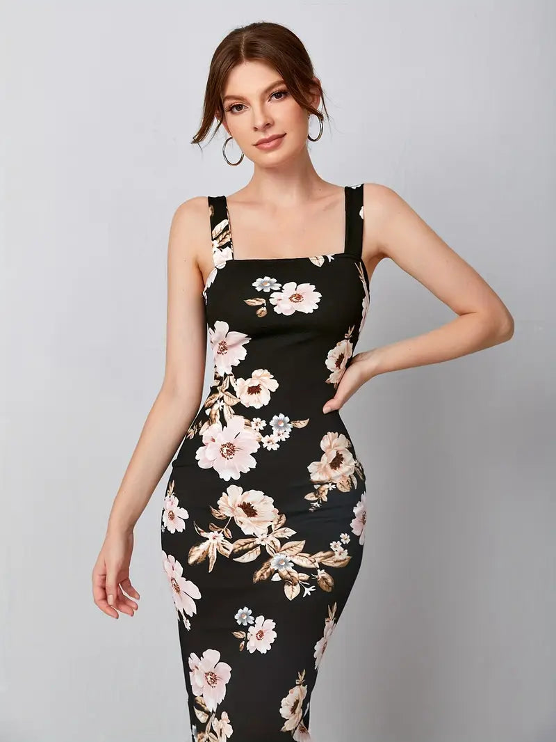 Zwarte Midi Jurk met Bloemenprint Elegante Mouwloze Zomerjurk met Hoge Split
