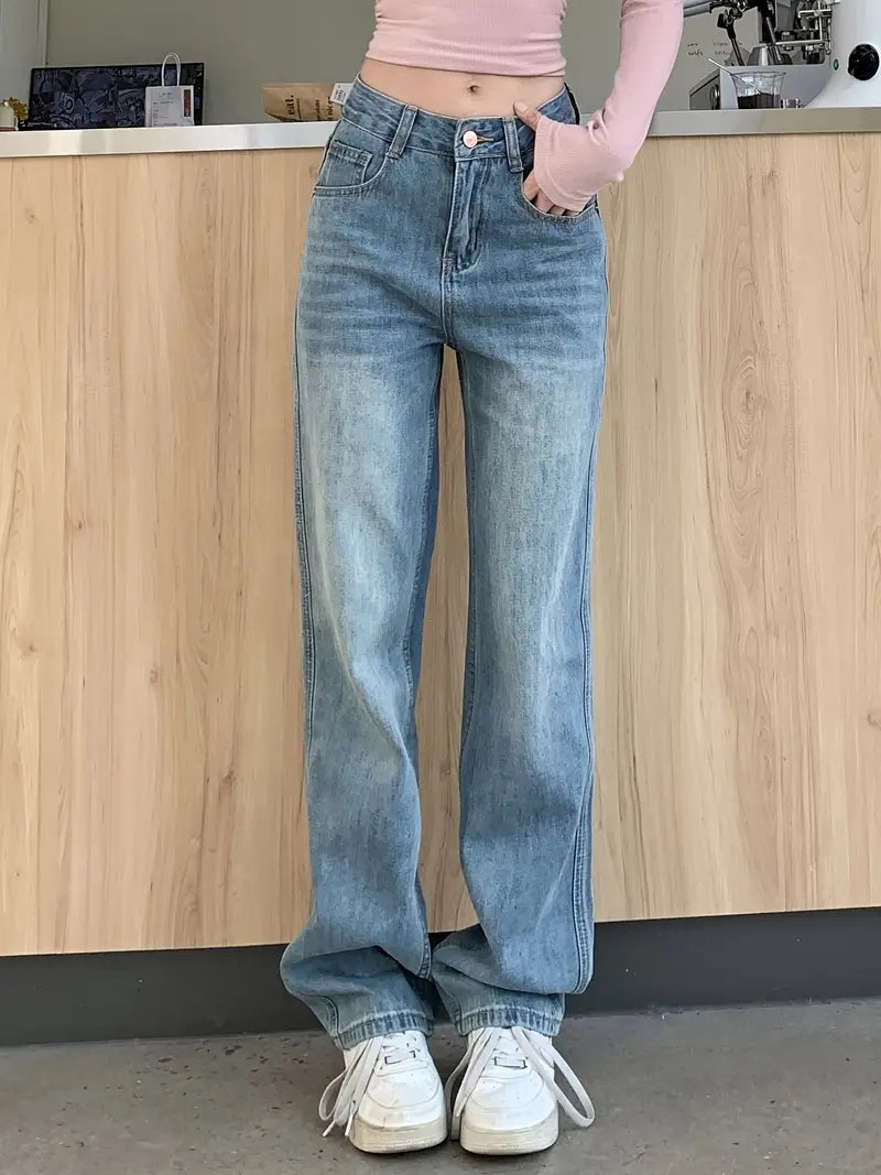 Dżinsy z wysokim stanem i szerokimi nogawkami Klasyczny, sprany denim o luźnym kroju