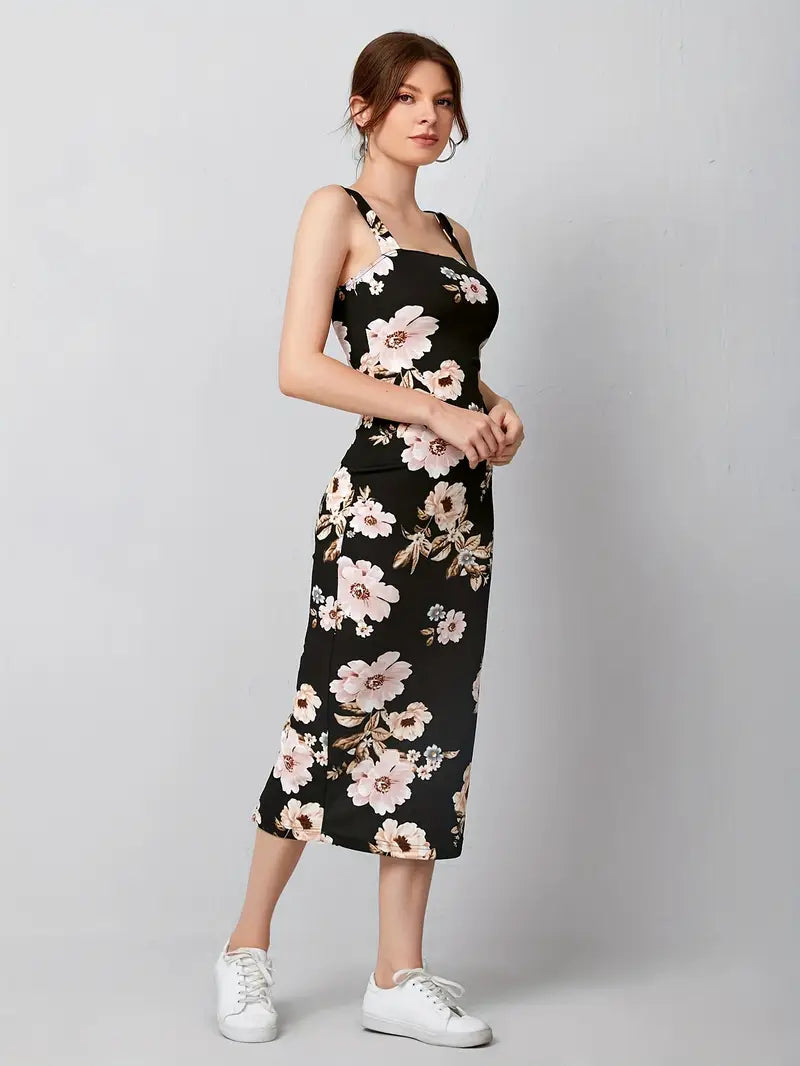 Zwarte Midi Jurk met Bloemenprint Elegante Mouwloze Zomerjurk met Hoge Split