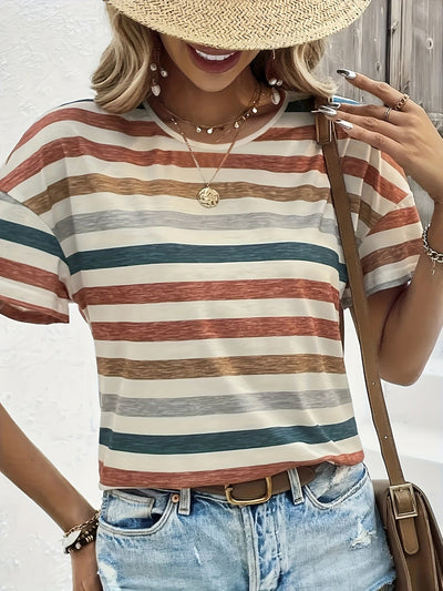 T-shirt damski w paski, okrągły dekolt, krótki rękaw, letni