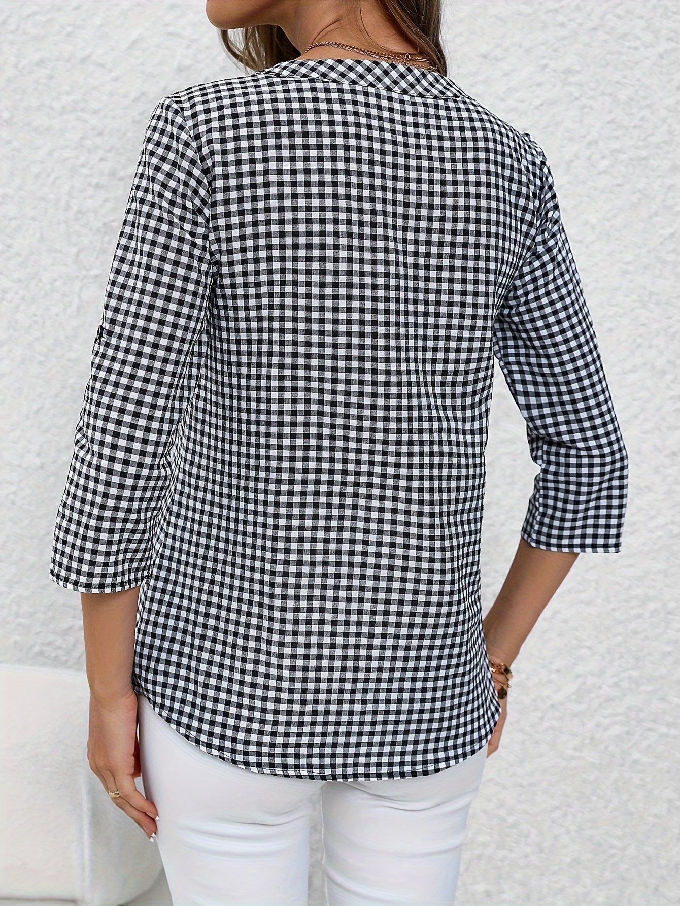Bluzka w kratę vintage, elegancka damska koszula casual, wykonana z poliestru