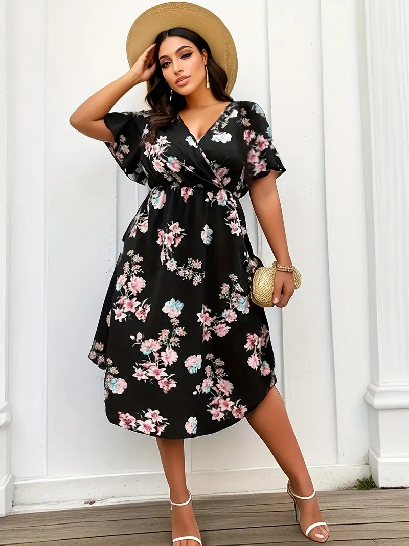 Grote Maten Elegante Maxi Jurk  Zwarte Bloemenprint, Vlindermouwen V-Hals