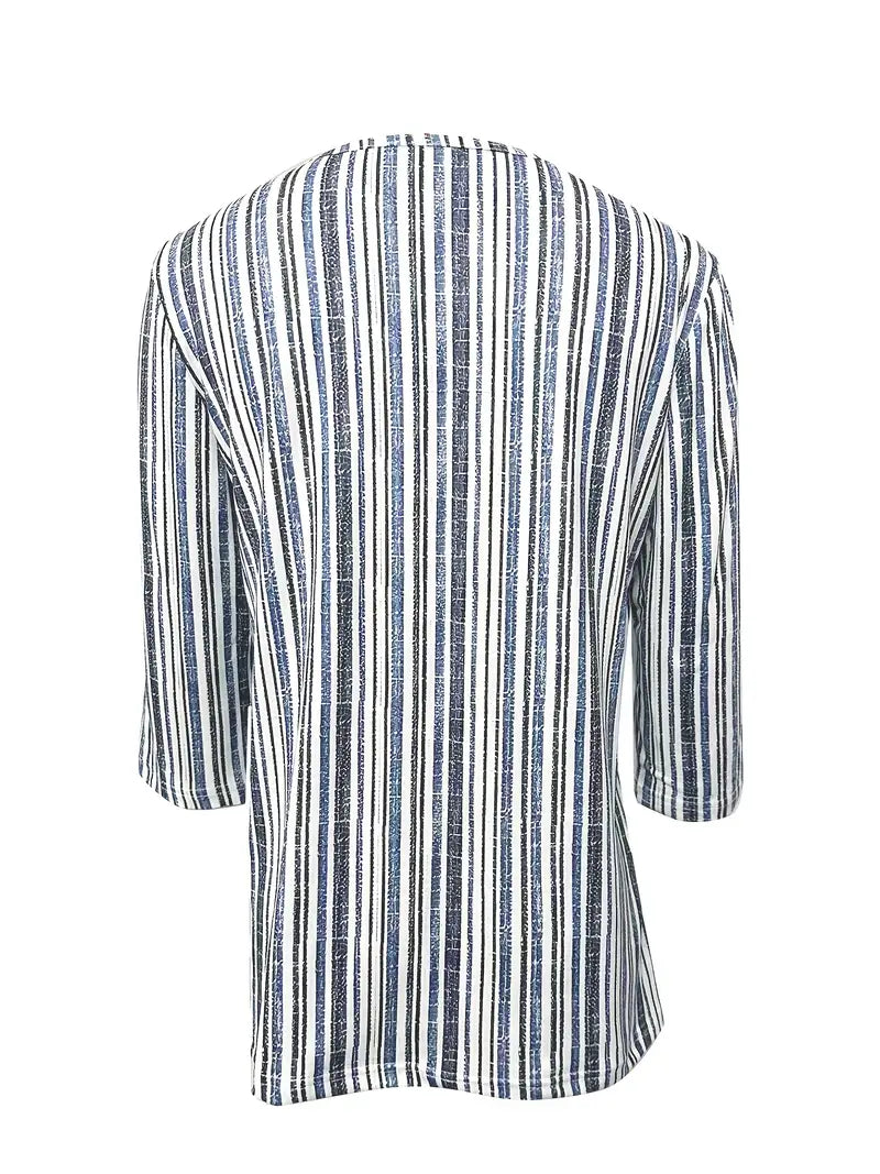 T-shirt o swobodnym kroju z półrękawami, eleganckim nadrukiem w paski i dekoltem w kształcie litery V