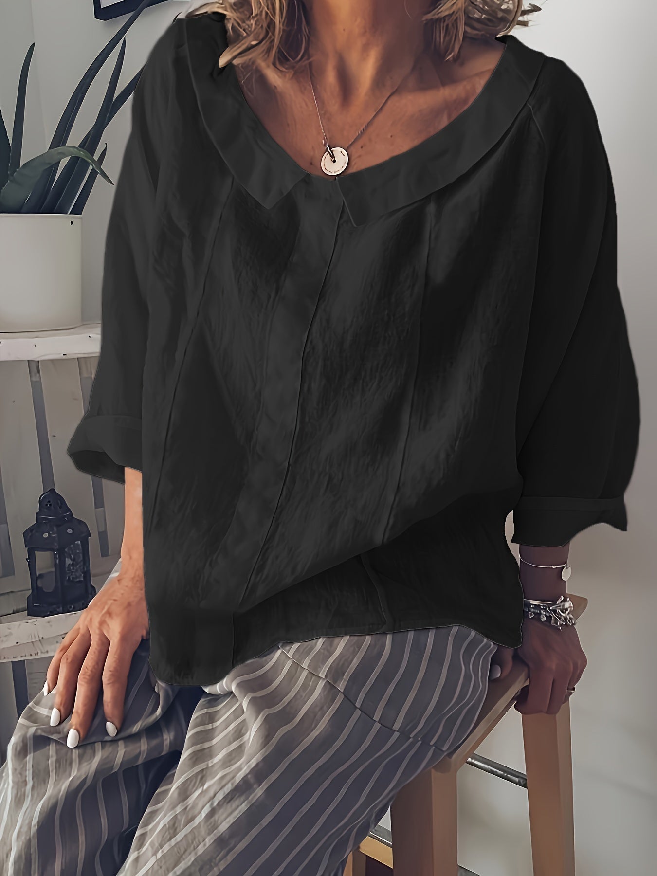 Bluzka Plus Size – długi rękaw, swobodny okrągły dekolt, miękki sztuczny jedwab