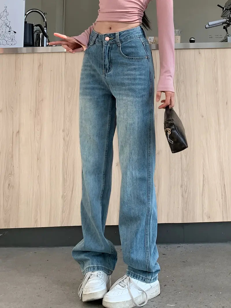 Dżinsy z wysokim stanem i szerokimi nogawkami Klasyczny, sprany denim o luźnym kroju