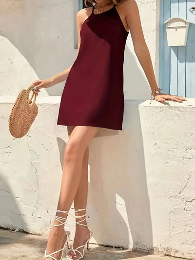 Bordowa letnia sukienka midi bez rękawów na cienkich ramiączkach Elegancki Casual Look
