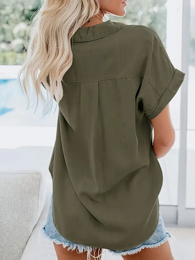 Bluzka z krótkim rękawem z kołnierzykiem i guzikami Olive Green