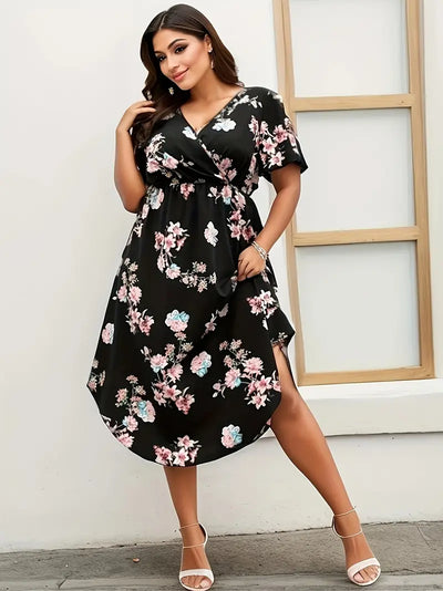 Grote Maten Elegante Maxi Jurk  Zwarte Bloemenprint, Vlindermouwen V-Hals