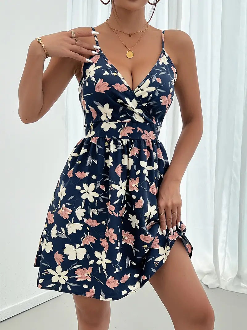 Granatowa sukienka w kwiaty z dekoltem w serek Elegancka sukienka letnia
