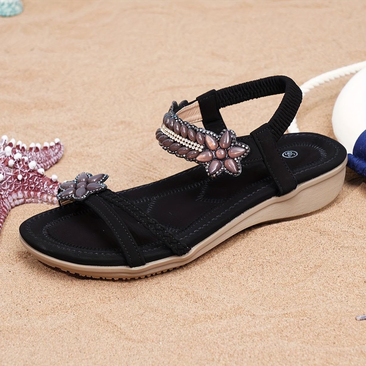 Boho Chic Women Sandals z błyszczącymi dżerstonami