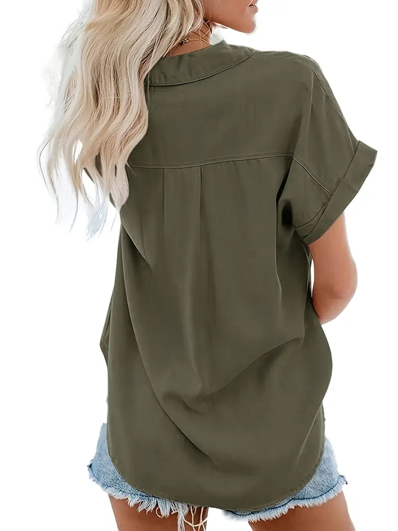 Bluzka z krótkim rękawem z kołnierzykiem i guzikami Olive Green